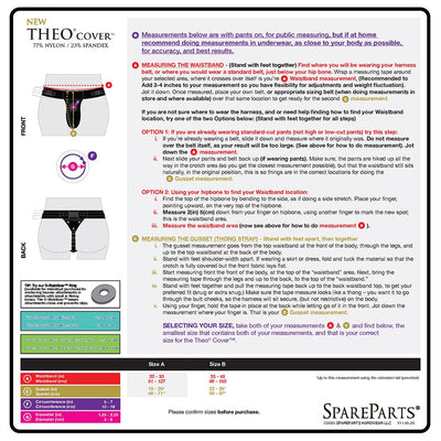Sizing guide for Spareparts Theo Cover Underwear Harness with front and back diagrams and measurement instructions.
