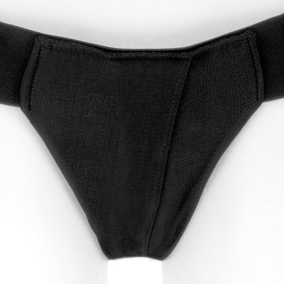Black nylon single-strap thong-style underwear harness with reinforced stitching and breathable fabric panel.