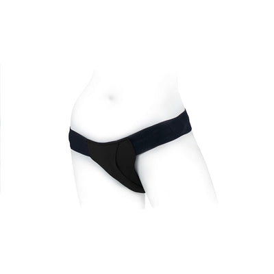 Black single strap harness with wide waistband and contoured front panel shown on a white mannequin torso