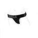 Black Spareparts Theo single strap harness with adjustable waistband and O-ring front detail on a white mannequin.