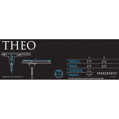 Diagram of Spareparts Theo Single Strap Harness with detailed size measurements for waistband, gusset, and O-ring dimensions in inches and centimeters.