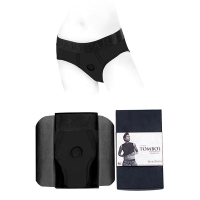 Black Spareparts Tomboi nylon briefs harness displayed on a mannequin and neatly packaged in branded box.