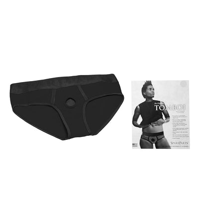 Black Spareparts Tomboi nylon briefs harness with O-ring and packaging featuring a model wearing the briefs.