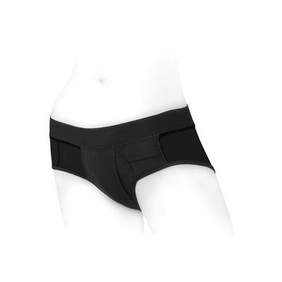 Black nylon briefs harness with wide waistband and mini pocket detail, shown on a white mannequin torso.