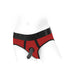 Red and black nylon brief harness with black waistband and attached black silicone insert shown on mannequin.