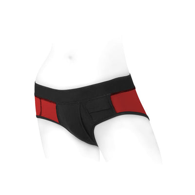 Red and black nylon briefs harness with wide waistband and mini-vibe pockets on a white mannequin torso.