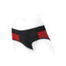 Red and black nylon briefs harness with wide waistband and mini-vibe pockets on a white mannequin torso.