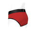 Red and black nylon briefs harness with wide waistband and trim, shown on a white mannequin side view.
