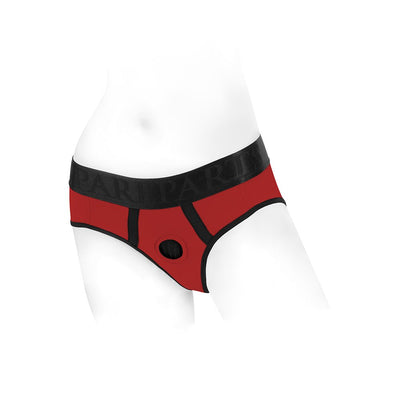 Red and black nylon brief harness with a supportive waistband and front O-ring detail on a white mannequin.
