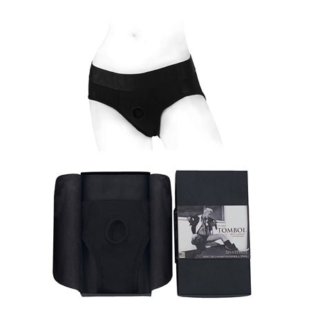Black SpareParts Tomboi Rayon Briefs harness in size XXS shown on mannequin and folded with packaging.