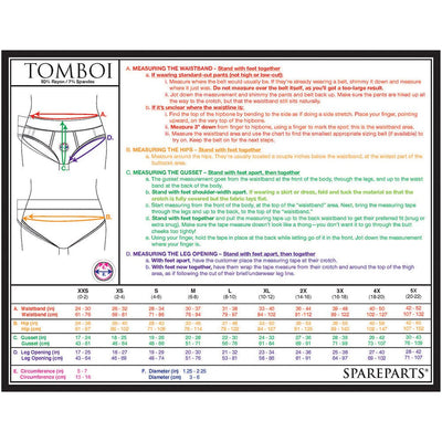 SpareParts Tomboi briefs size chart with detailed measuring instructions for waistband, hips, gusset, and leg opening in black and white diagram.