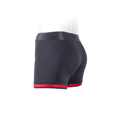 Black nylon boxer briefs with red trim and a wide waistband shown on a white mannequin from the side and back angle.