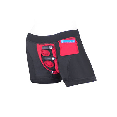 Black and red Tomboii nylon boxer briefs with multiple pockets and openings for accessories and packing.