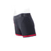 Black and red nylon boxer briefs harness with athletic cut and contrast trim on a white mannequin.
