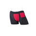 Black and red nylon boxer briefs with multiple pockets and a supportive athletic cut on a white mannequin.