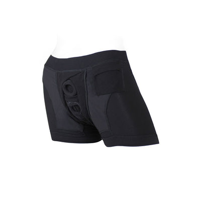 Black Spareparts Tomboii Rayon boxer briefs harness with dual openings and side pocket detail.