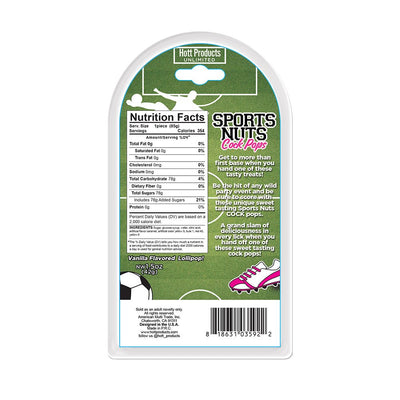 Back packaging of Sports Nuts Cock Pop lollipop with nutrition facts and playful sports-themed design.