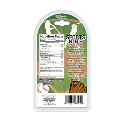 Back packaging of Sports Nuts Cock Pops caramel flavored lollipop with nutrition facts and playful sports-themed design.