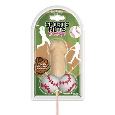 Vanilla flavored novelty lollipop shaped like a baseball bat and balls in sports-themed packaging.