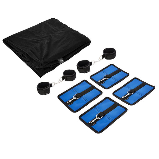 Queen size black fitted bondage bedsheet with four blue anchor pads and four adjustable black velcro cuffs with metal clips.