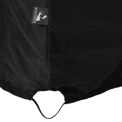 Close-up of black velvet-like fitted SportSheet with elastic edge and branded tag for secure bondage play.