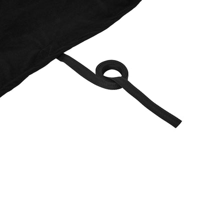 Close-up of black SportSheet Queen size fitted bondage bedsheet corner with attached strap on white background.