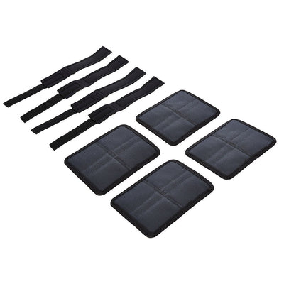 Set of four black anchor pads and four adjustable sports cuffs with Velcro straps for bondage bedsheet attachments.
