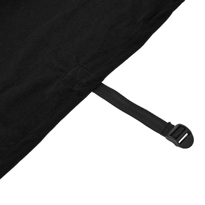 Close-up of black SportSheet Queen size fitted bondage bedsheet corner with adjustable strap and buckle detail.