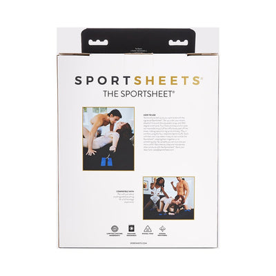 Packaging box of SportSheet Queen Size bondage bedsheet with product images and usage instructions on the back.