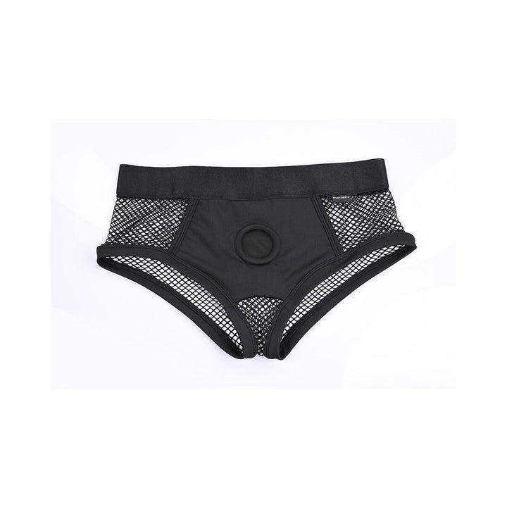 Black fishnet harness panties with solid front panel and built-in O-ring, designed for comfort and secure fit.