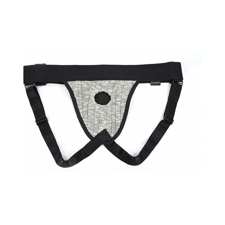 Black and gray knit jock harness with adjustable straps and a central O-ring for accessory attachment.