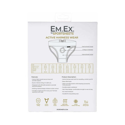 Packaging back view of Em.Ex by Sportsheets Active Harness Wear showing size chart, features, and product description.