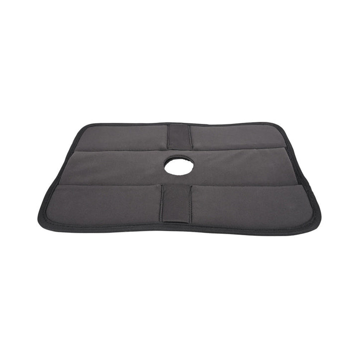 Black rectangular padded play-pad with a central circular cutout and stitched edges for versatile toy compatibility.