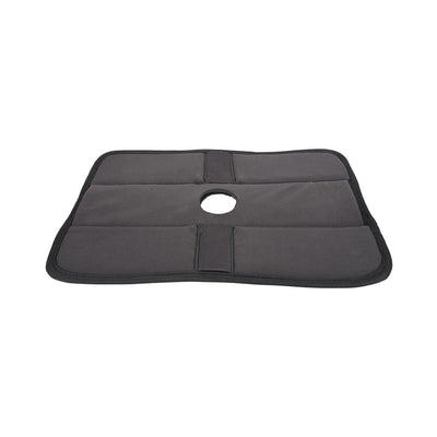 Black rectangular padded play-pad with a central circular cutout and stitched edges for versatile toy compatibility.