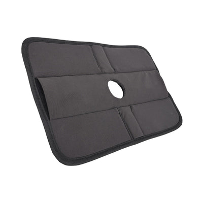 Black rectangular padded play-pad with a central circular cutout and stitched sections for versatile positioning.
