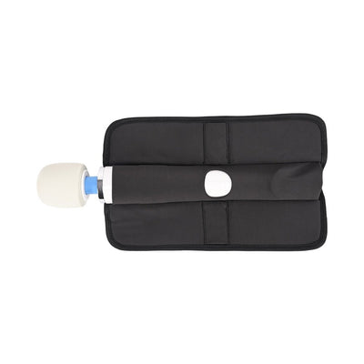 Black Sportsheets Pivot 3 In 1 Play-pad with attached white and blue wand vibrator on a white background.