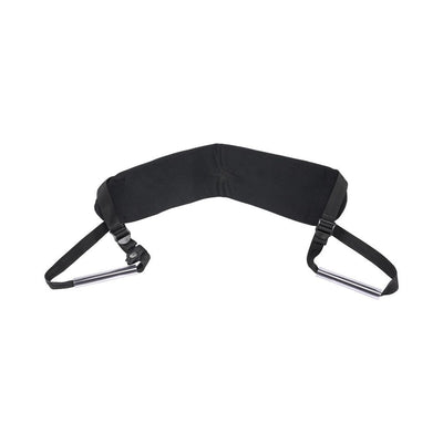 Black padded doggie strap with adjustable handles featuring silver plastic grips and crossed webbing for support.