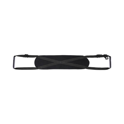 Black adjustable doggie strap with extended oval padding and crossed webbing for comfort and secure grip handles.