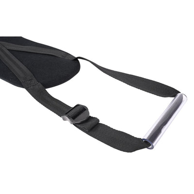 Close-up of black adjustable strap with padded oval section and clear plastic grip handle on white background.