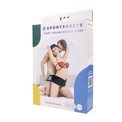Packaging of Sportsheets Pivot Deluxe Doggie Strap showing a couple using the adjustable black strap for position support.