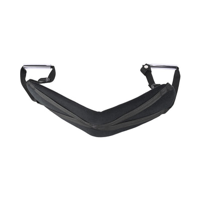 Black padded doggie strap with adjustable handles and crossed webbing for comfort and secure grip.