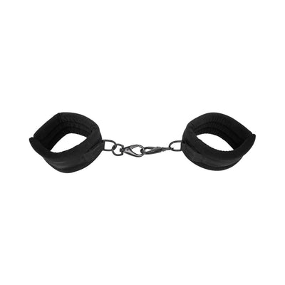 Black padded adjustable cuffs connected by a metal clasp for versatile positioning and restraint.