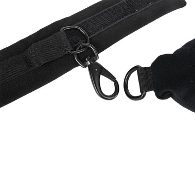 Close-up of black padded Sportsheets Pivot Positioning Bar with hook and loop straps and metal swivel clip attachments.