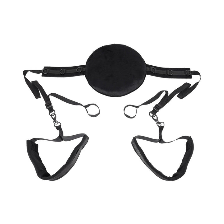 Black Sportsheets Pivot Positioning Partner with padded round pillow, adjustable ankle cuffs, shoulder straps, and durable hardware.