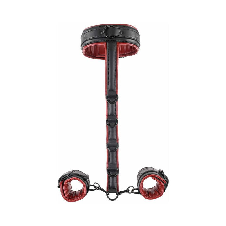 Black and red adjustable faux leather neck and wrist restraints connected by a strap with multiple D-rings.