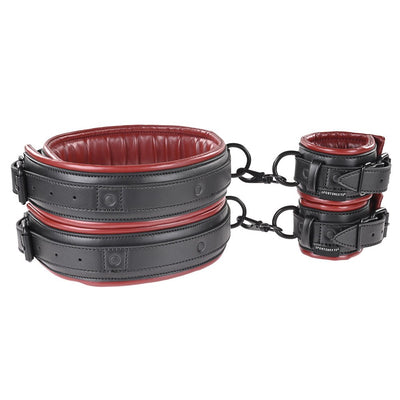 Adjustable black and red padded faux leather thigh and wrist cuffs connected with metal clips for versatile restraint options.