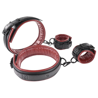Adjustable black and red padded thigh and wrist cuffs with buckles and clips for secure restraint.