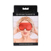 Packaging of Sportsheets Saffron Blindfold featuring a woman wearing the memory foam blindfold in a rich saffron color.