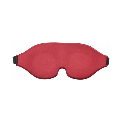 Red memory foam blindfold with adjustable black elastic strap and contoured eye and nose divots for comfort and complete darkness.