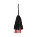 Black faux fur flogger with red faux leather strands and a wrapped handle with wrist strap.